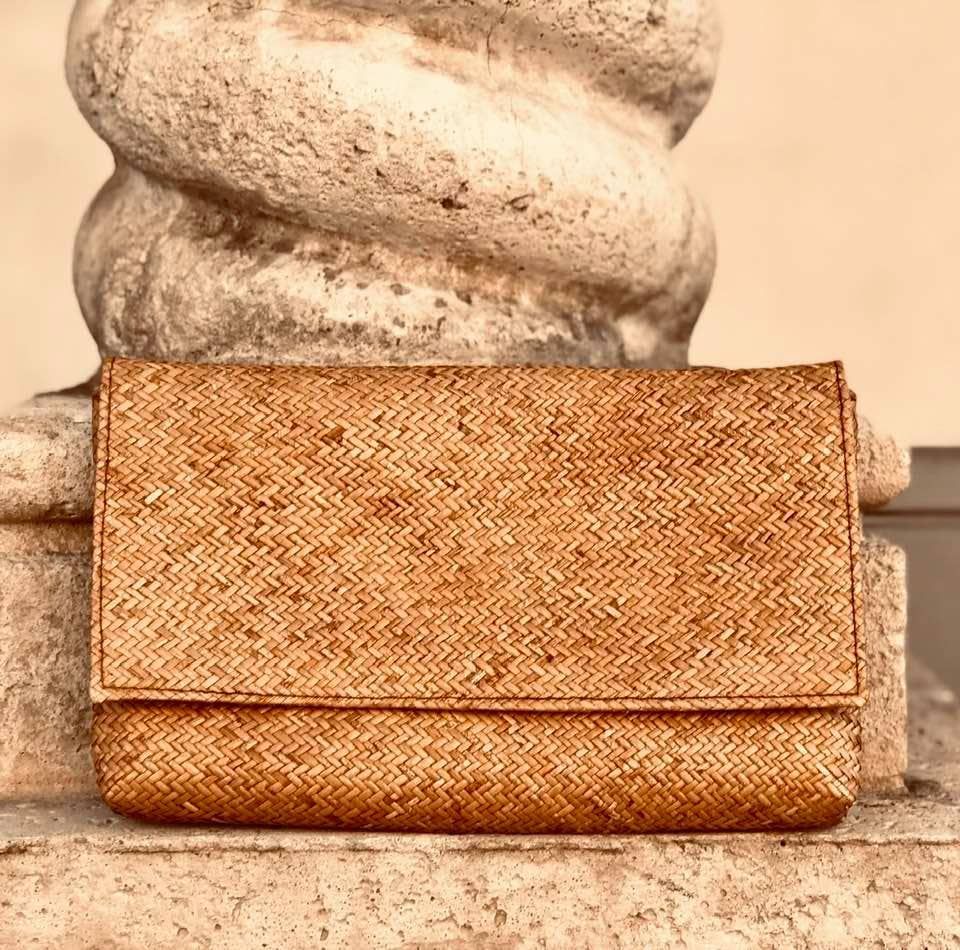 The Winding Road - Rattan Clutch with Batik Print Lining - Brown