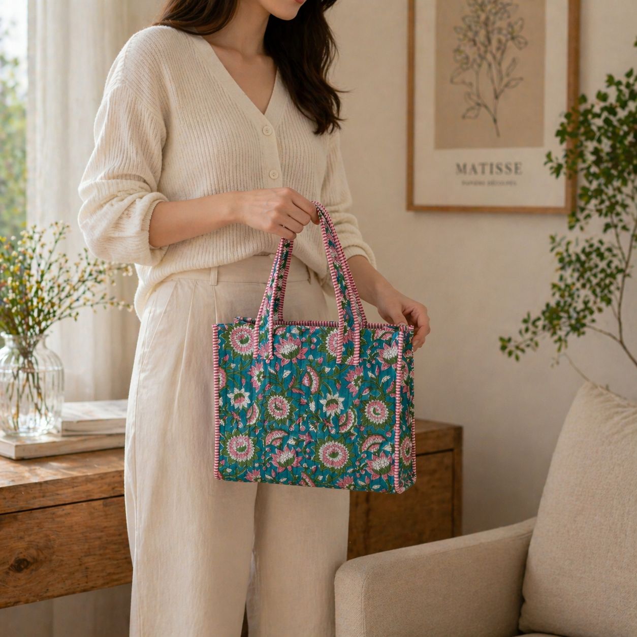 Anju Jewelry - Aqua Bloom Block-Printed Quilted Mini Tote