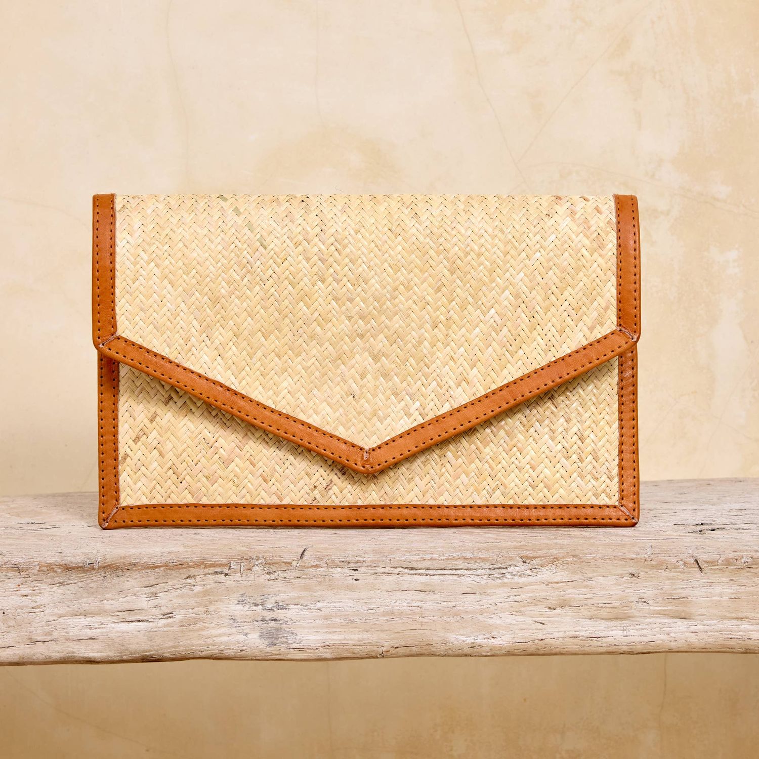 The Winding Road - Ivory Rattan Clutch with Brown Leather Trim