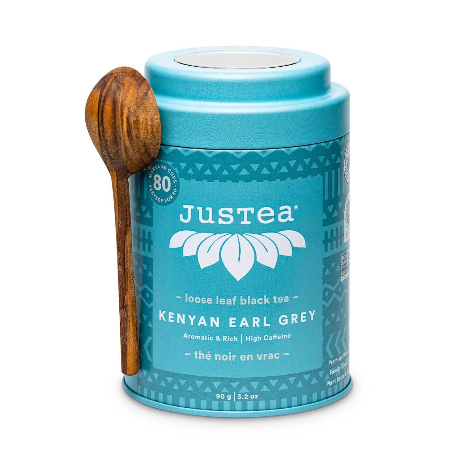 JusTea (No Import Fees to USA) - Kenyan Earl Grey Tin &amp; Spoon - Organic, Fair-Trade Black Tea