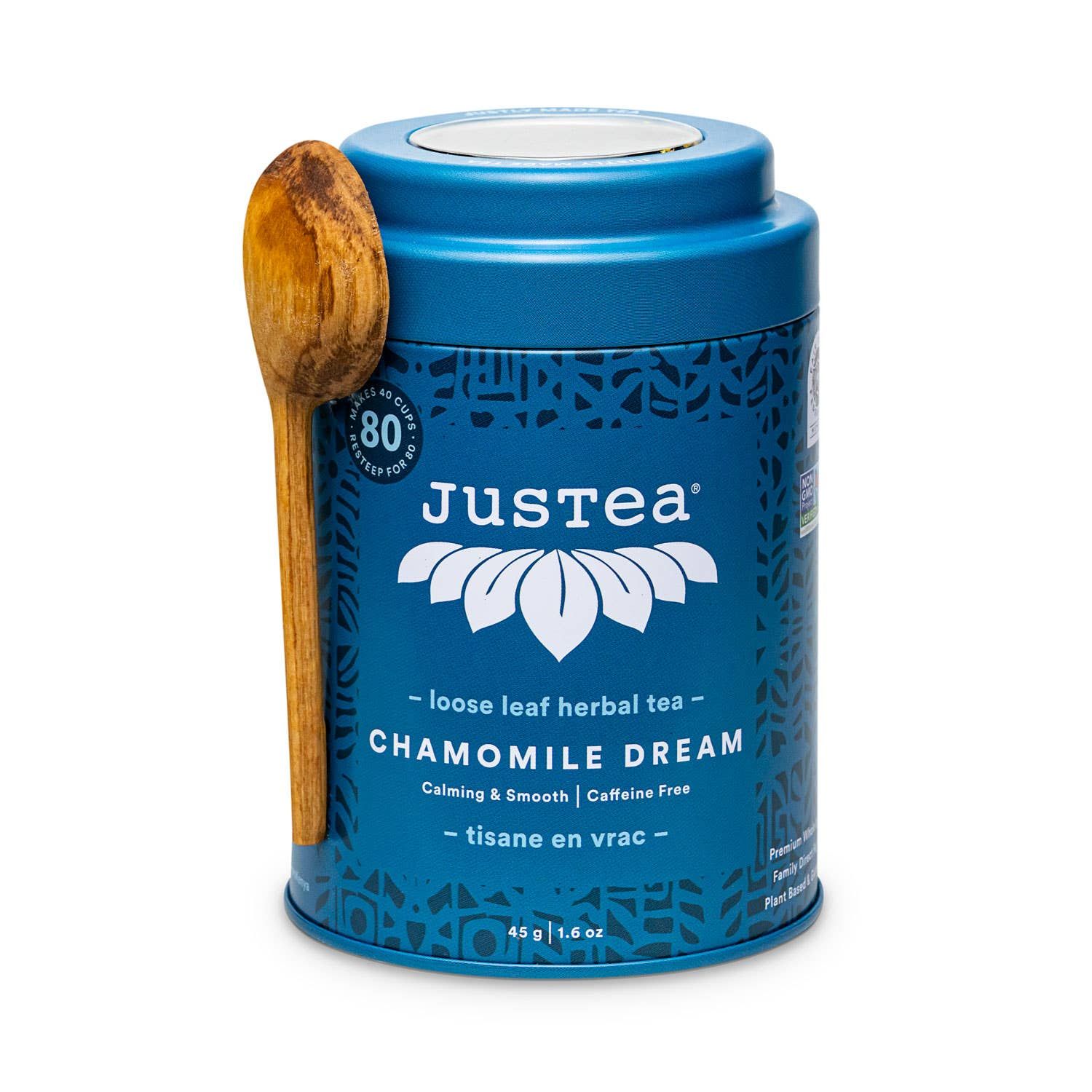 JusTea (No Import Fees to USA) - Chamomile Dream Tin &amp; Spoon - Fair-Trade, Calming Herbal Tea