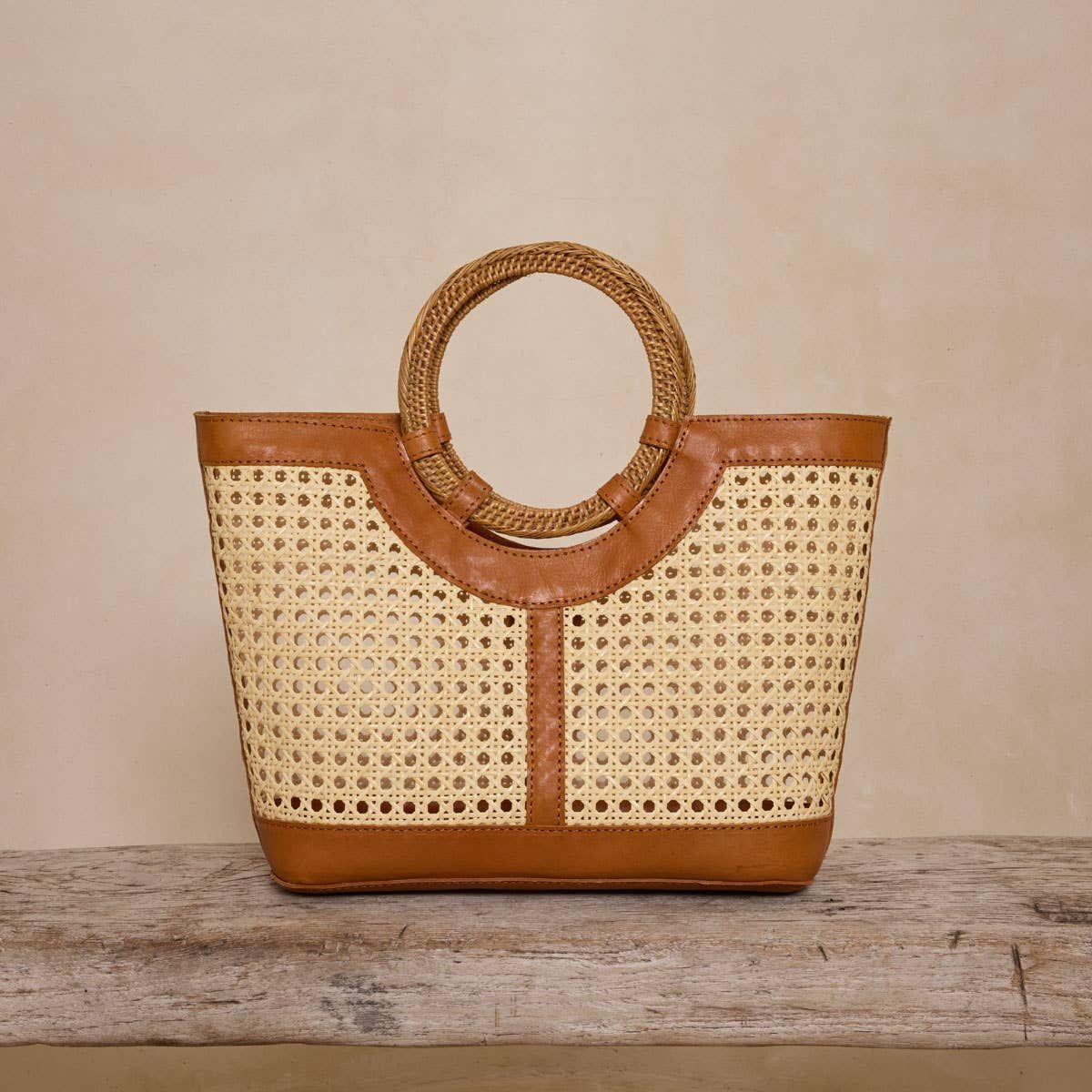 The Winding Road - Brown Leather Large Square Cane Weave Tote Rattan Handle