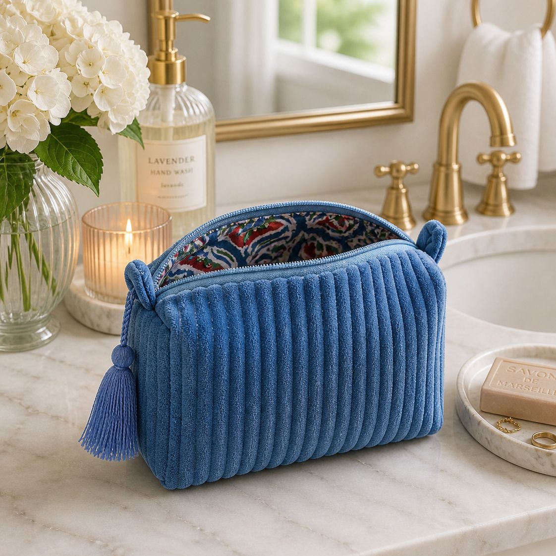 Rahab's Rope - Velvet &amp; Block Print Lined Cosmetic Pouch- Indigo