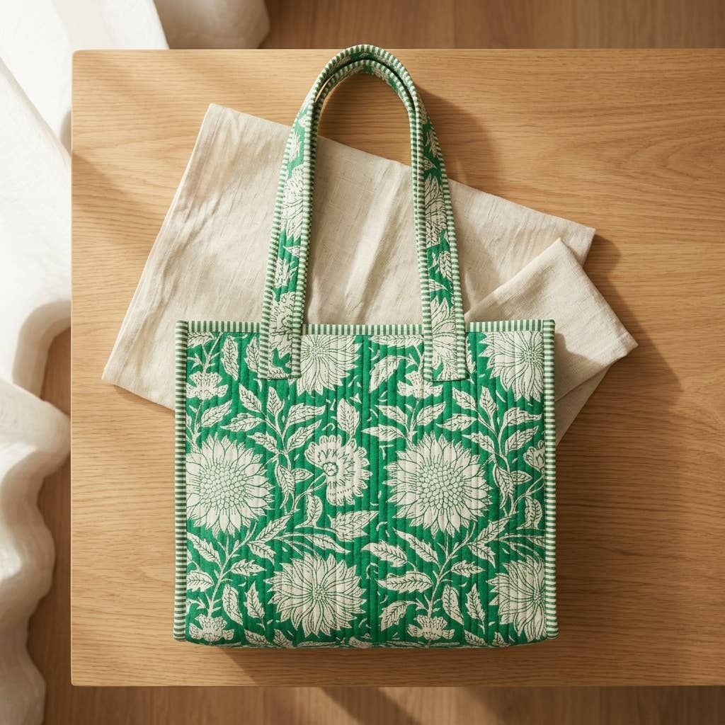 Anju Jewelry - Teal Dan Block-Printed Quilted Mini Tote