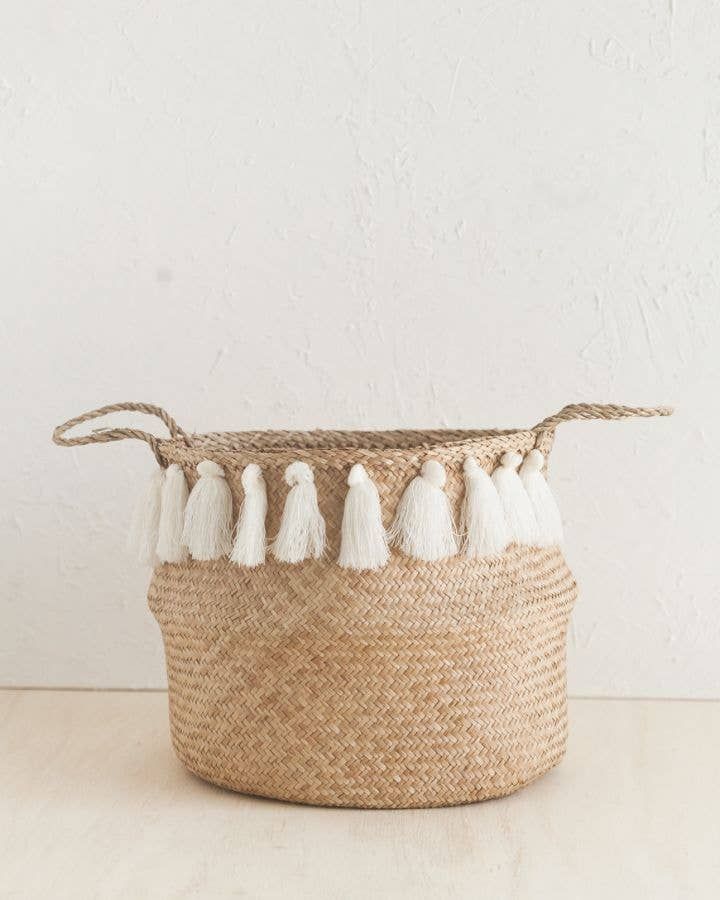 Creative Women - White Tasseled Belly Basket: Large