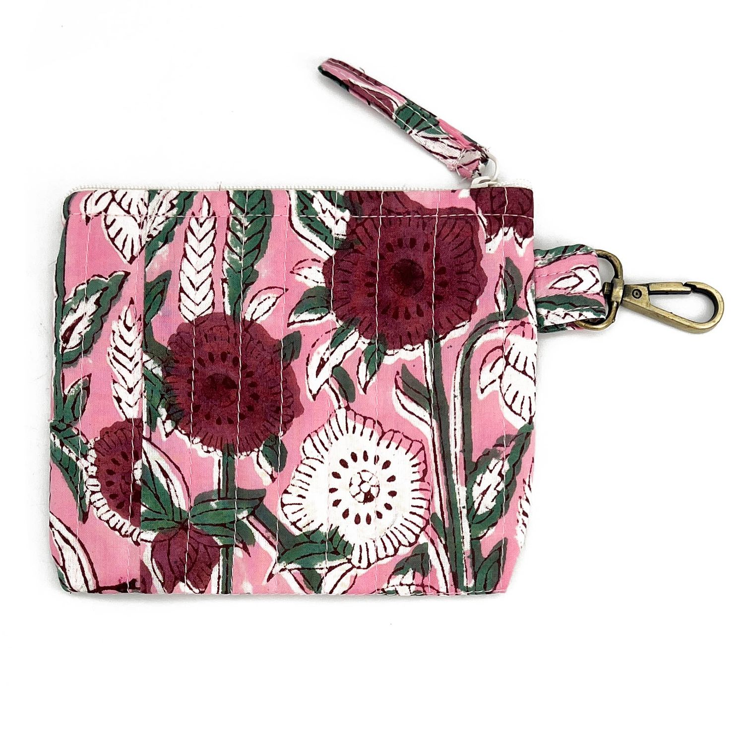 Anju Jewelry - Quilted Block-Printed Travel Pouch - Fuchsia Bouquet