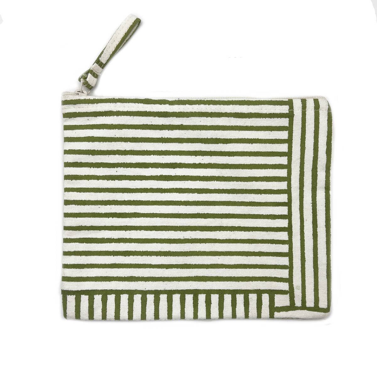 Anju Jewelry - Block-Printed Canvas Zipper Pouch Olive Stripes