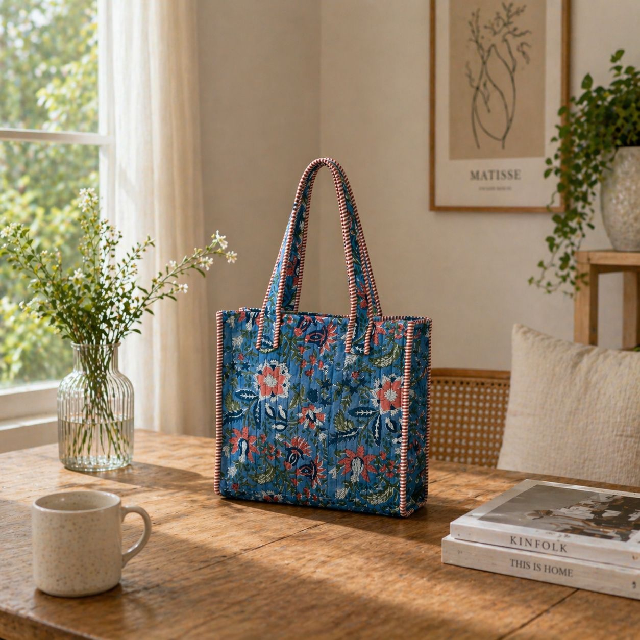 Anju Jewelry - Peach Wildflowers Block-Printed Quilted Mini Tote 
