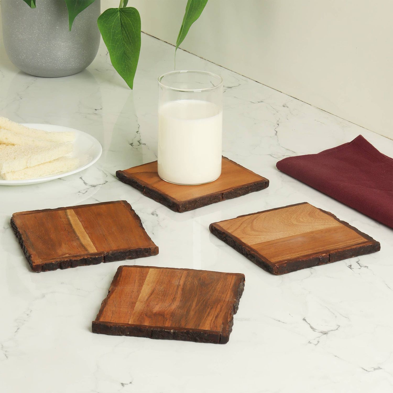 India Handicrafts Inc - Sq Bark Edge Coasters, Set of 4