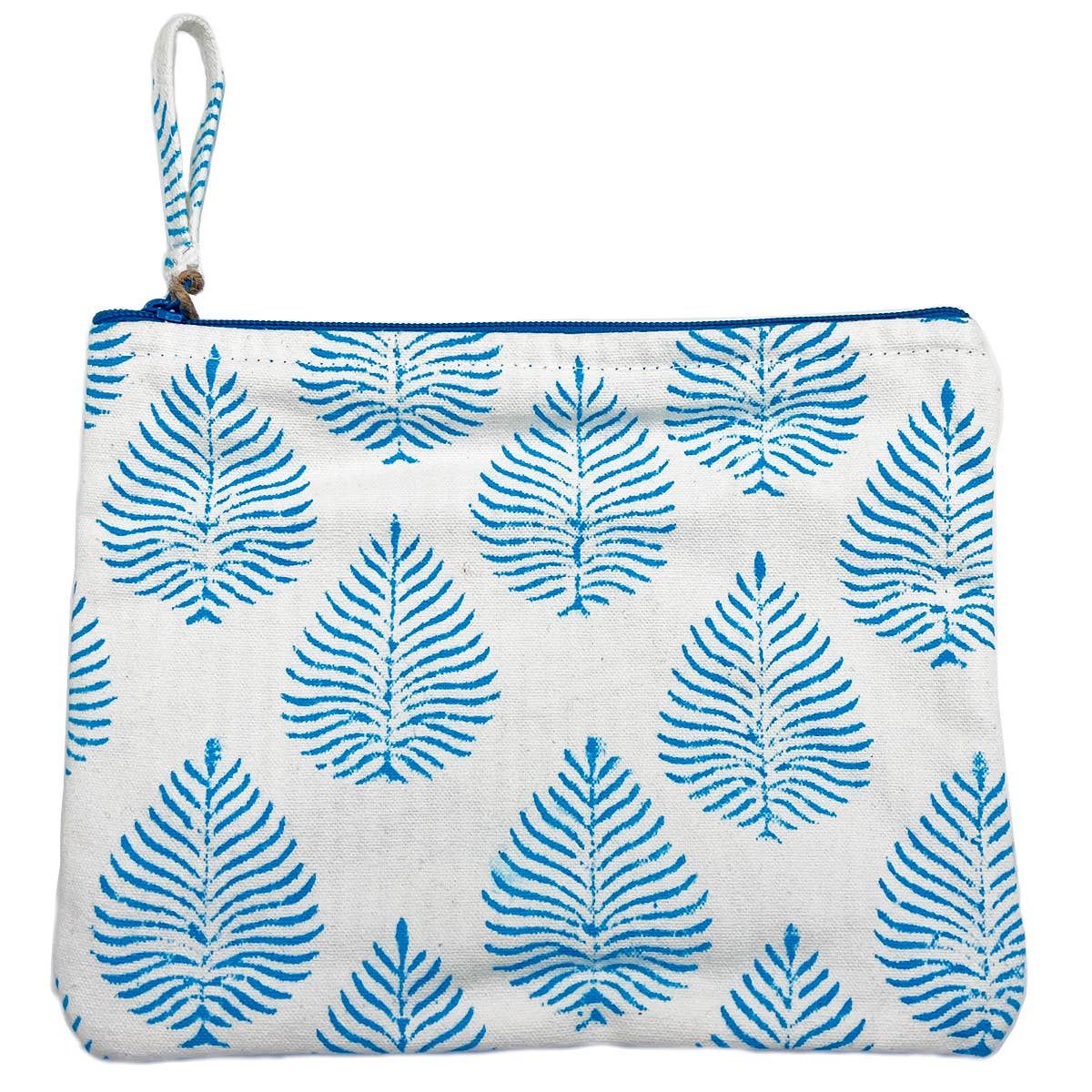 Anju Jewelry - Block-Printed Canvas Zipper Pouch Sky Blue Leaves