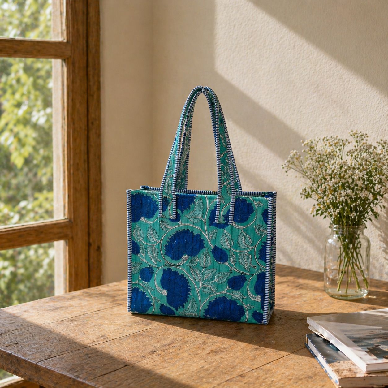 Anju Jewelry - Turquoise Bloom Block-Printed Quilted Mini Tote