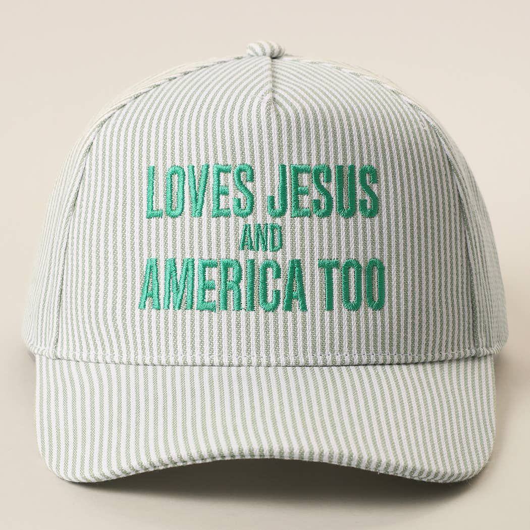 Fashion City - LOVES JESUS AND AMERICA TOO Embroidered Seersucker Hat: SAGE / ONE SIZE
