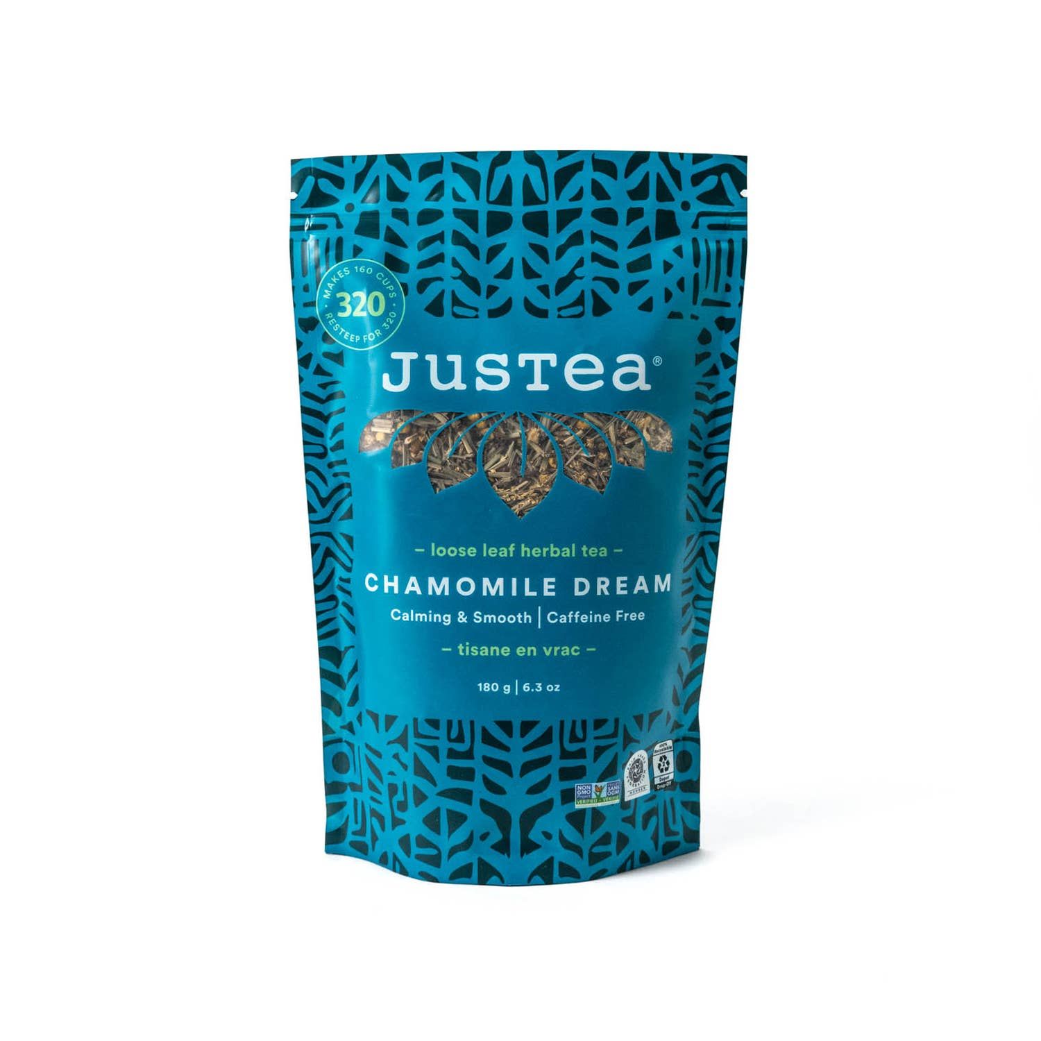 JusTea (No Import Fees to USA) - Chamomile Dream -BULK Herbal Tea in a Large Resealable Pouch