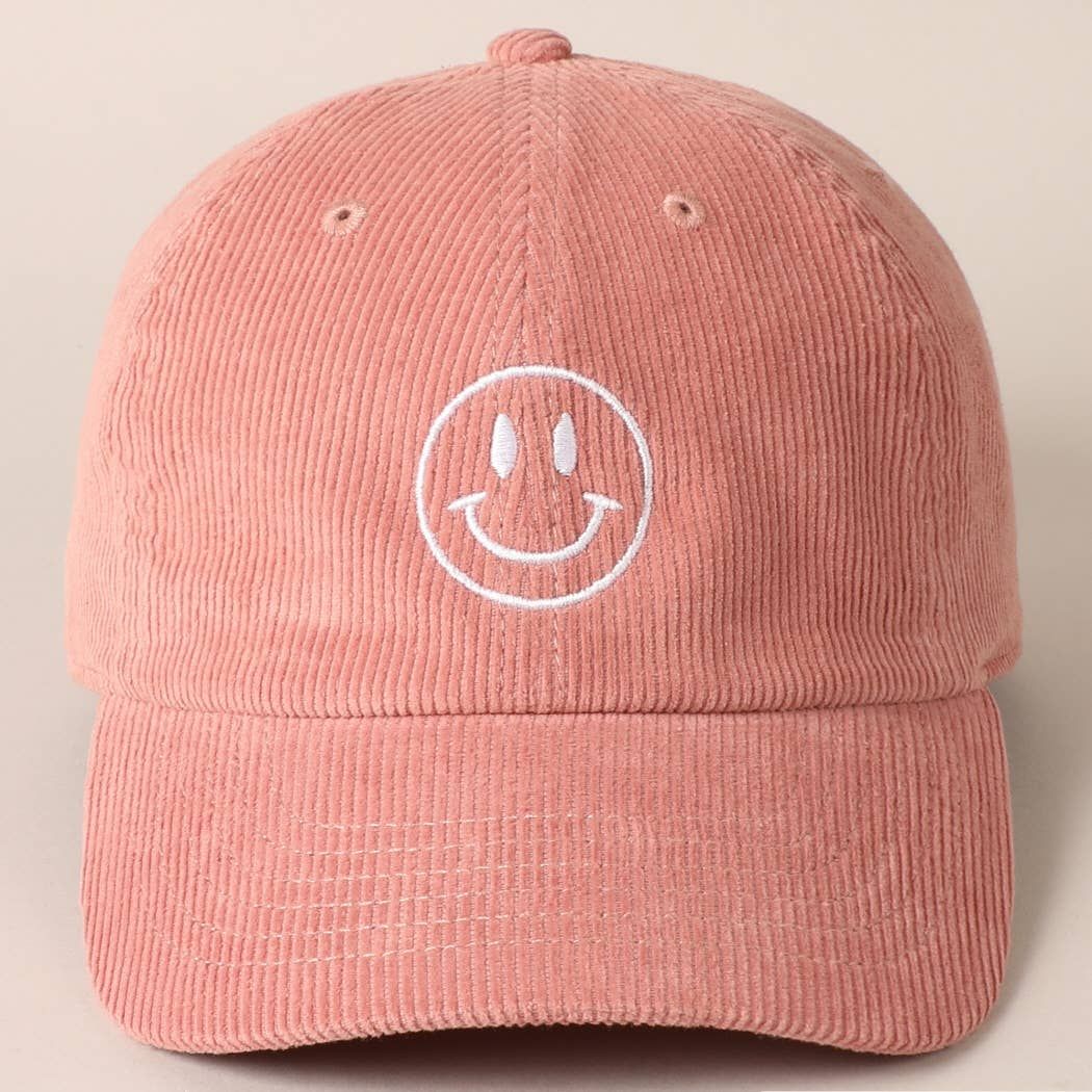 Fashion City - Happy Face Embroidered Corduroy Baseball Cap: MAUVE / ONE SIZE