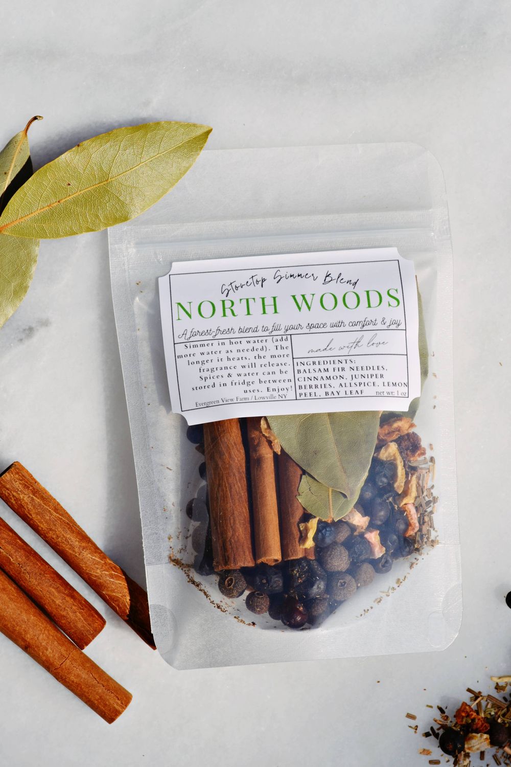 Evergreen View Farm - Simmer Pot Stovetop Spice Christmas Holiday "North Woods": White standup pouch