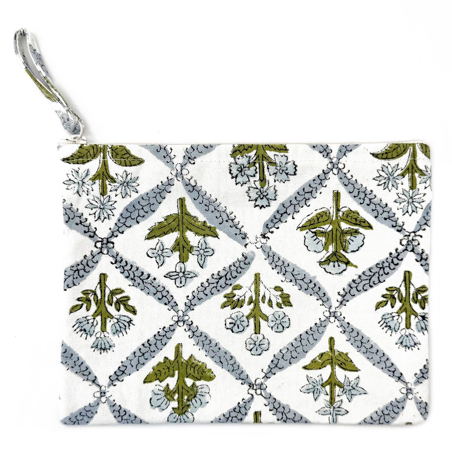 Anju Jewelry - Handcrafted Canvas Pouch with Block-Printed Blue Trellis