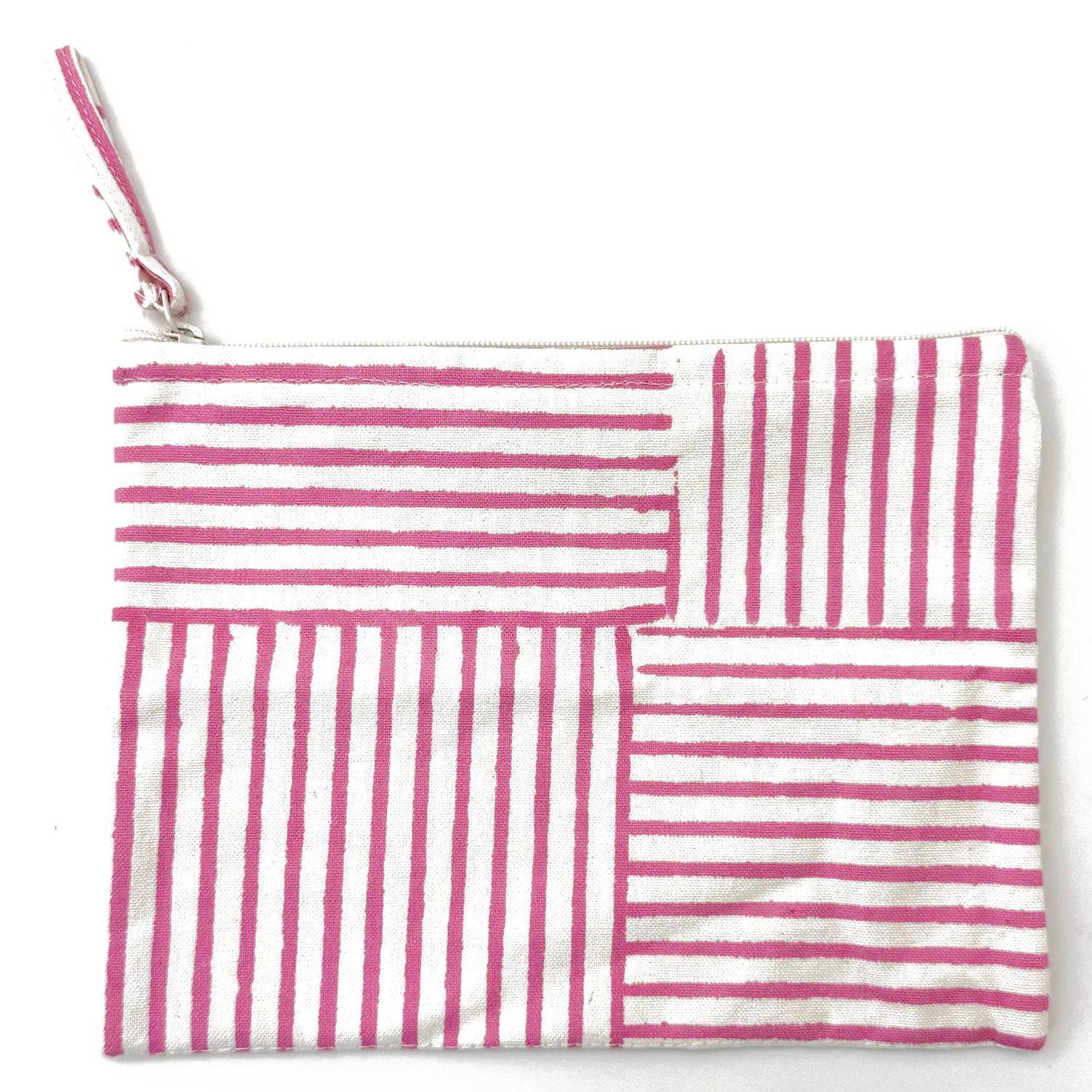 Anju Jewelry - Handcrafted Canvas Pouch with Block-Printed Pink Stripes