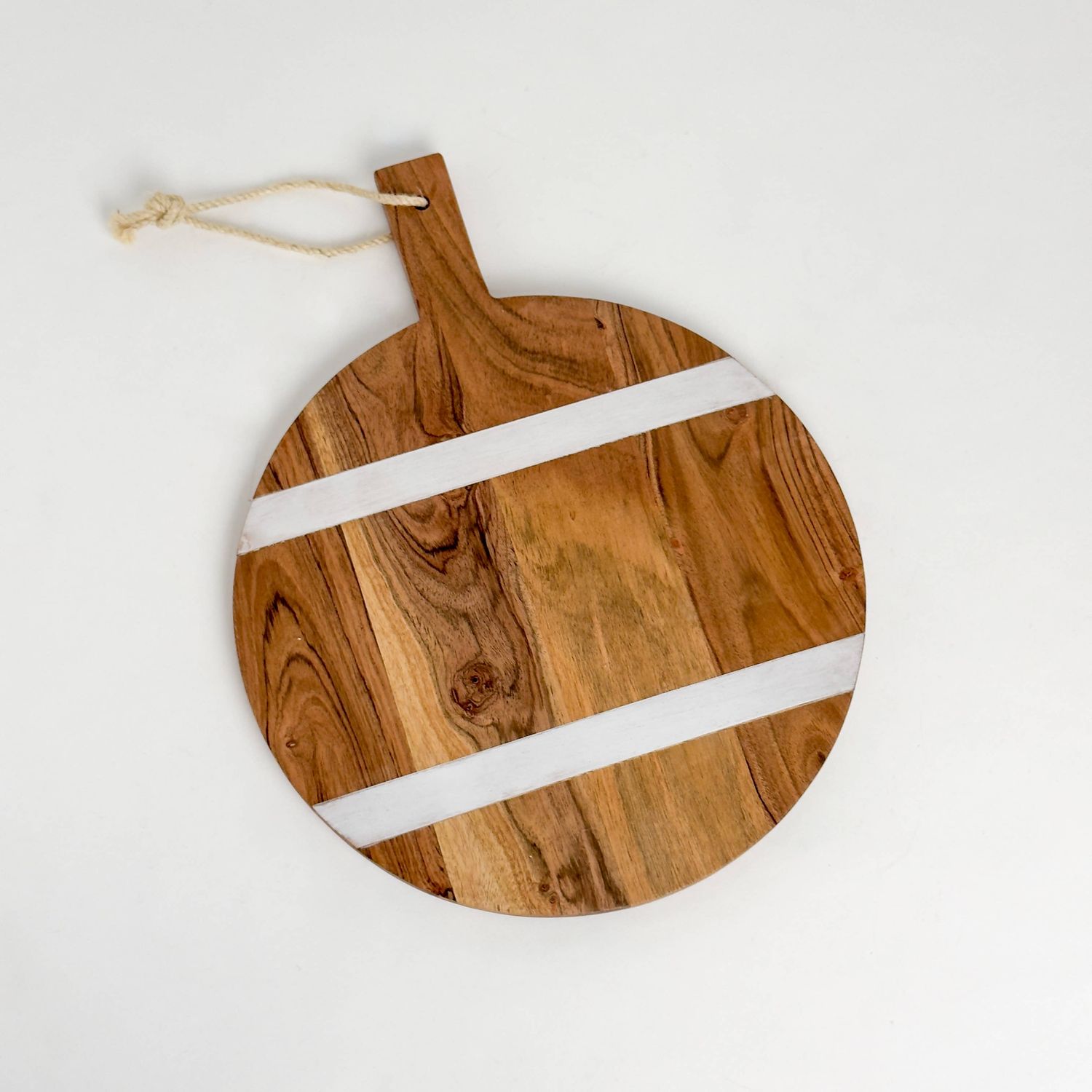 India Handicrafts Inc - Round Acacia Wood Serving Board with White Stripe