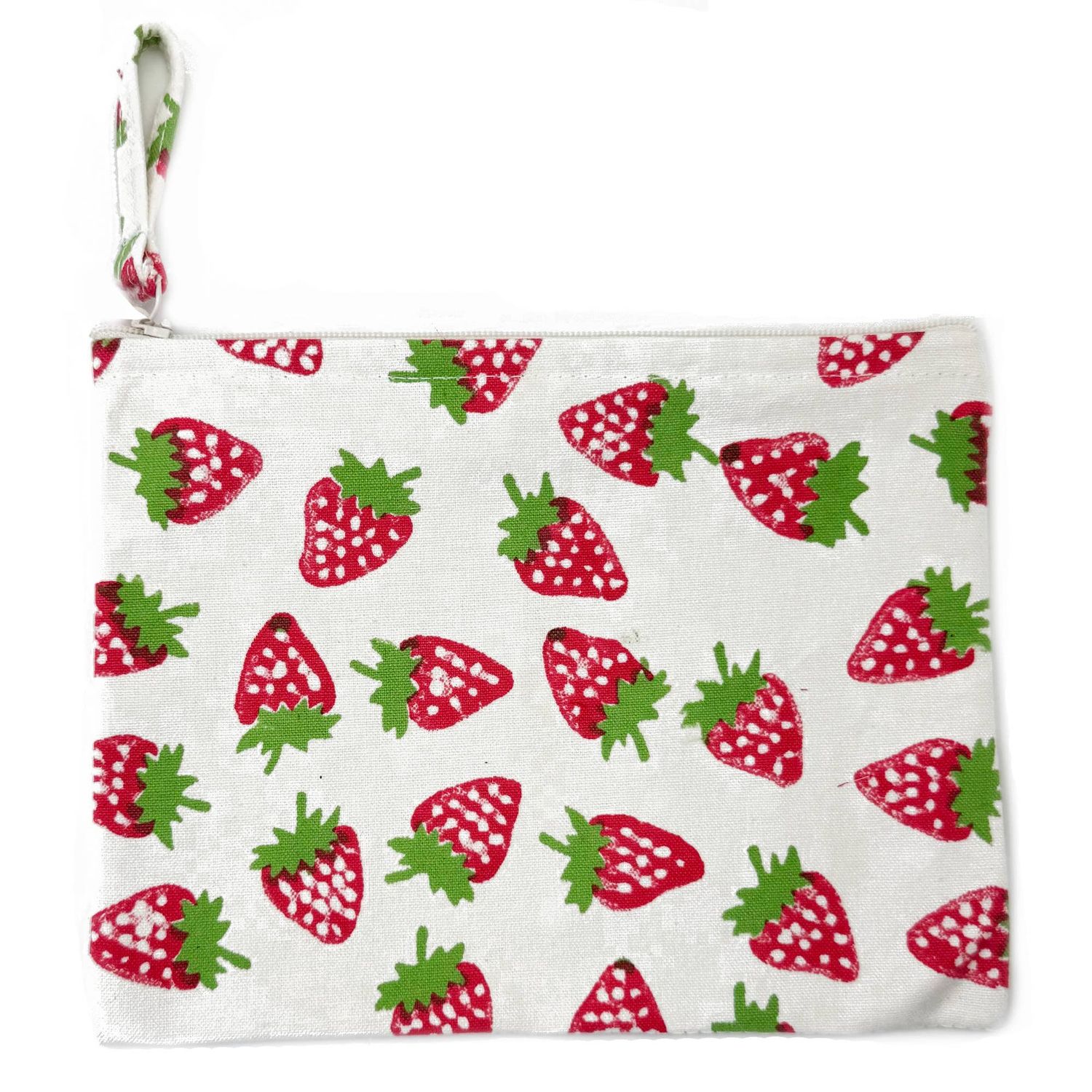 Anju Jewelry - Handcrafted Canvas Pouch with Block-Printed Strawberries