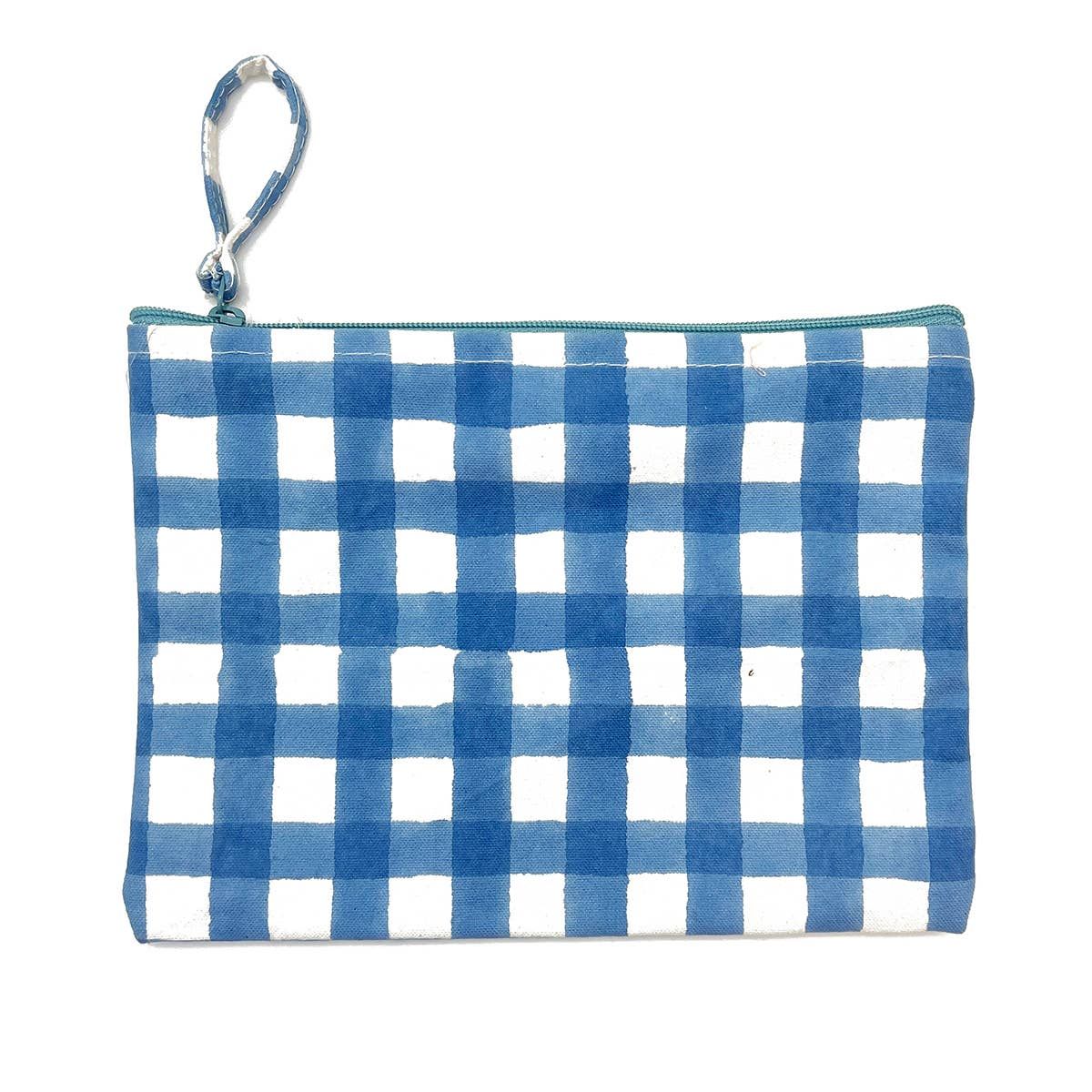 Anju Jewelry - Block-Printed Canvas Zipper Pouch  Blue Gingham Bliss