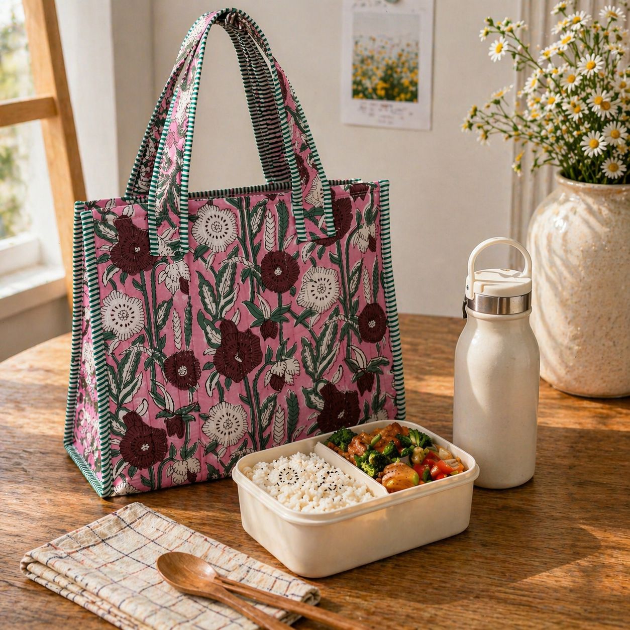 Anju Jewelry - Fuchsia Bouquet Block-Printed Quilted Mini Tote 