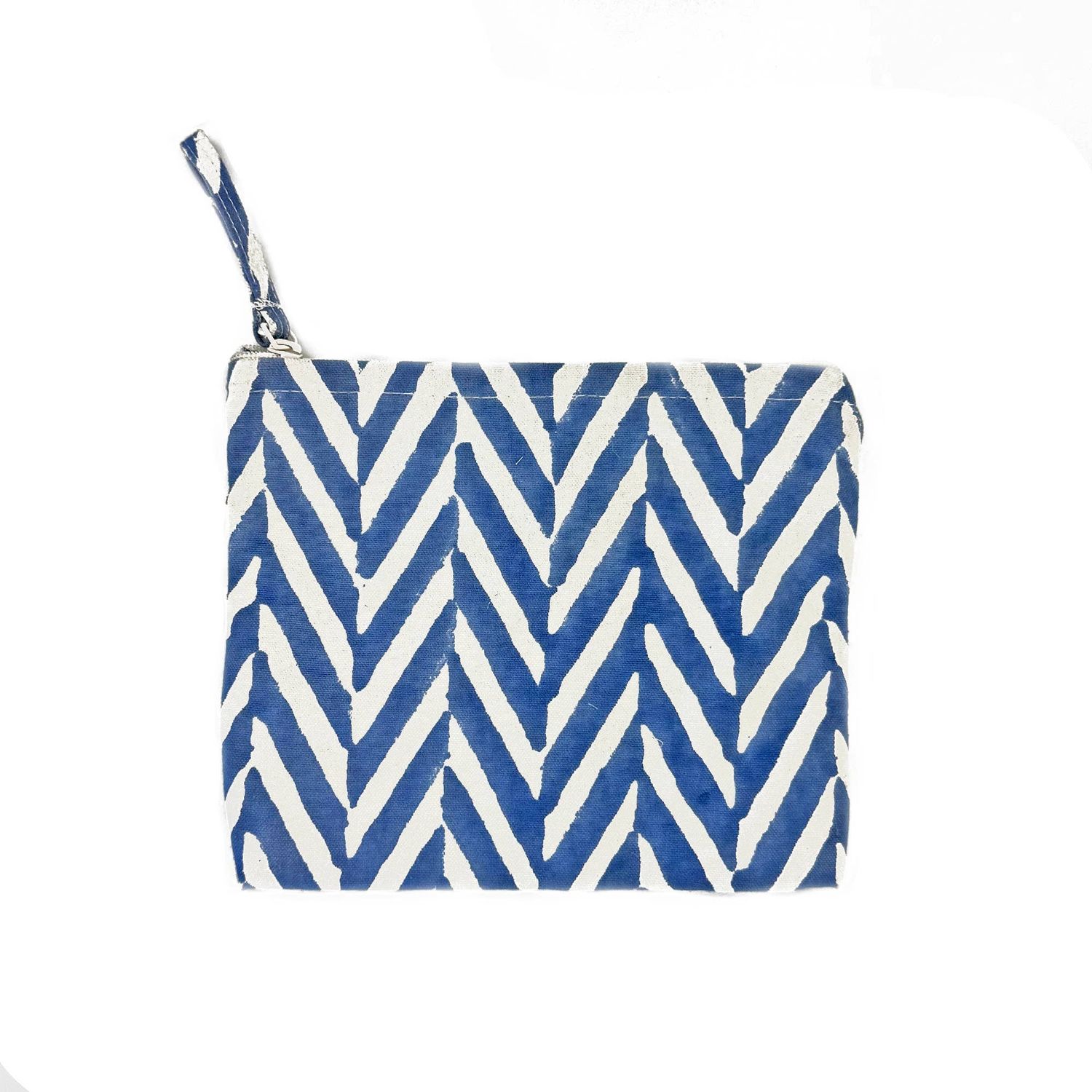 Anju Jewelry - Block-Printed Canvas Zipper Pouch Bold Blue Chevron 