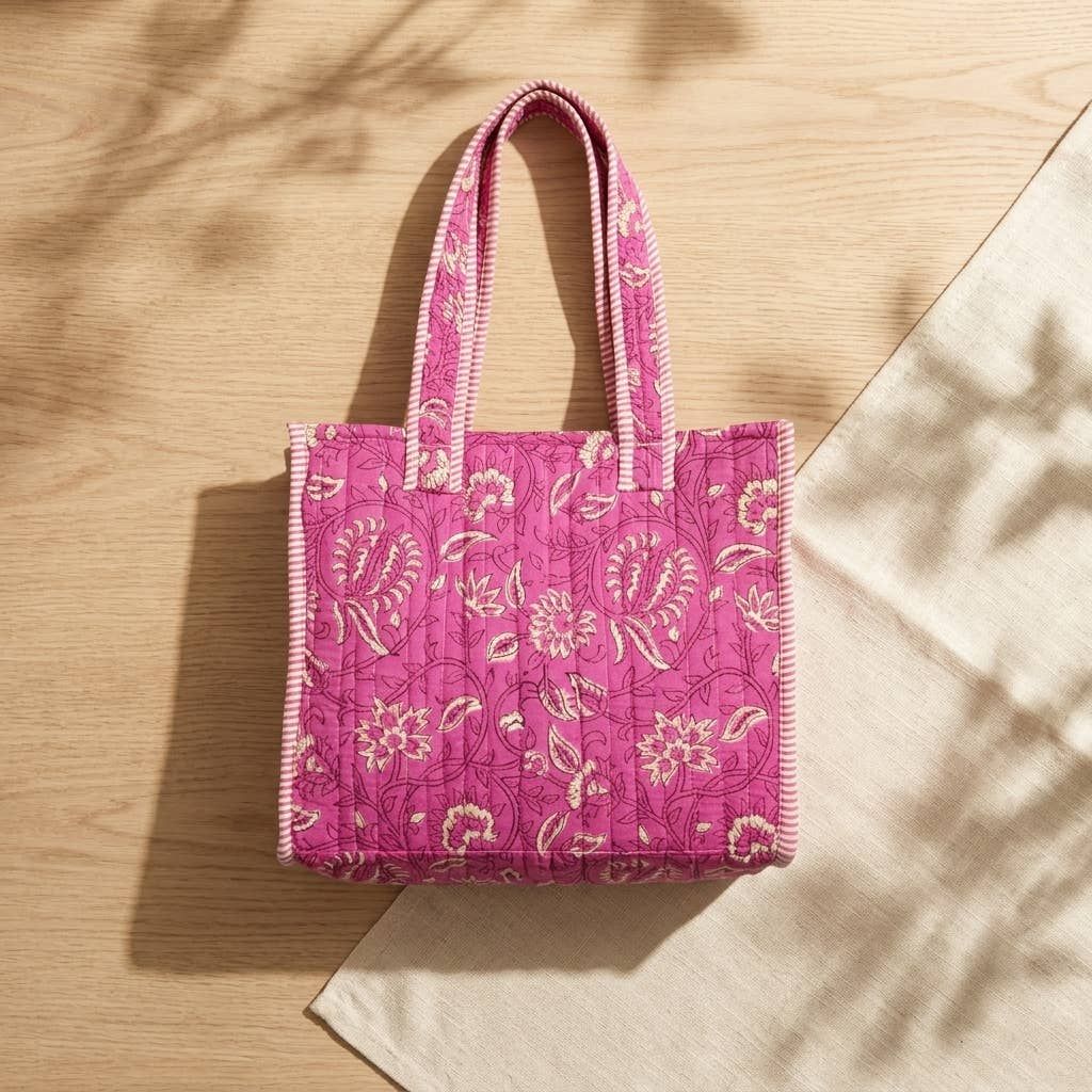 Anju Jewelry - Paisley Pink Block-Printed Quilted Mini Tote   