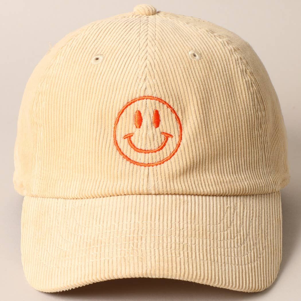 Fashion City - Happy Face Embroidered Corduroy Baseball Cap: SAND / ONE SIZE