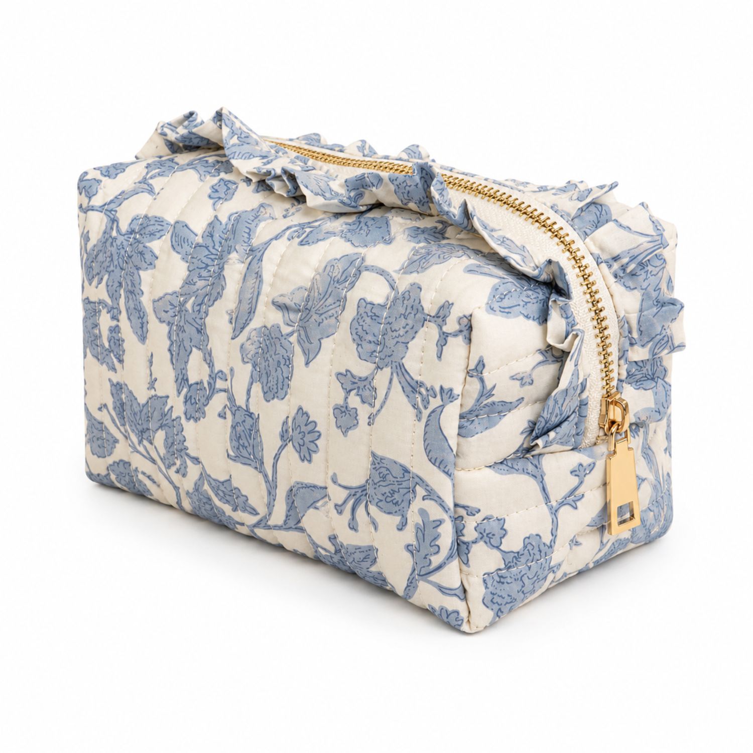 Ellison+Young - Ellison+Young French Toile Ruffle Cosmetic Case, Quilted Cotton: Blue