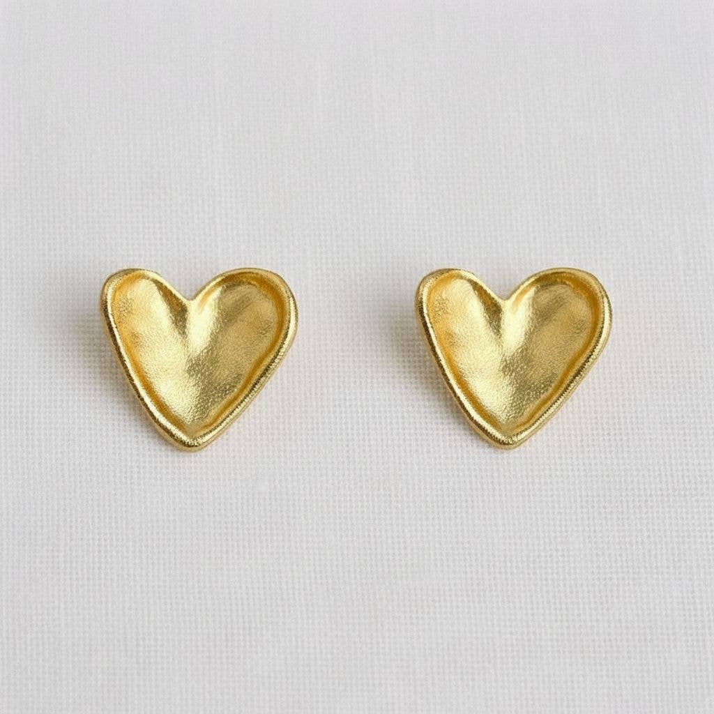 Ellemadera - Vintage Inspired Gold-Toned Textured Heart Stud Earrings