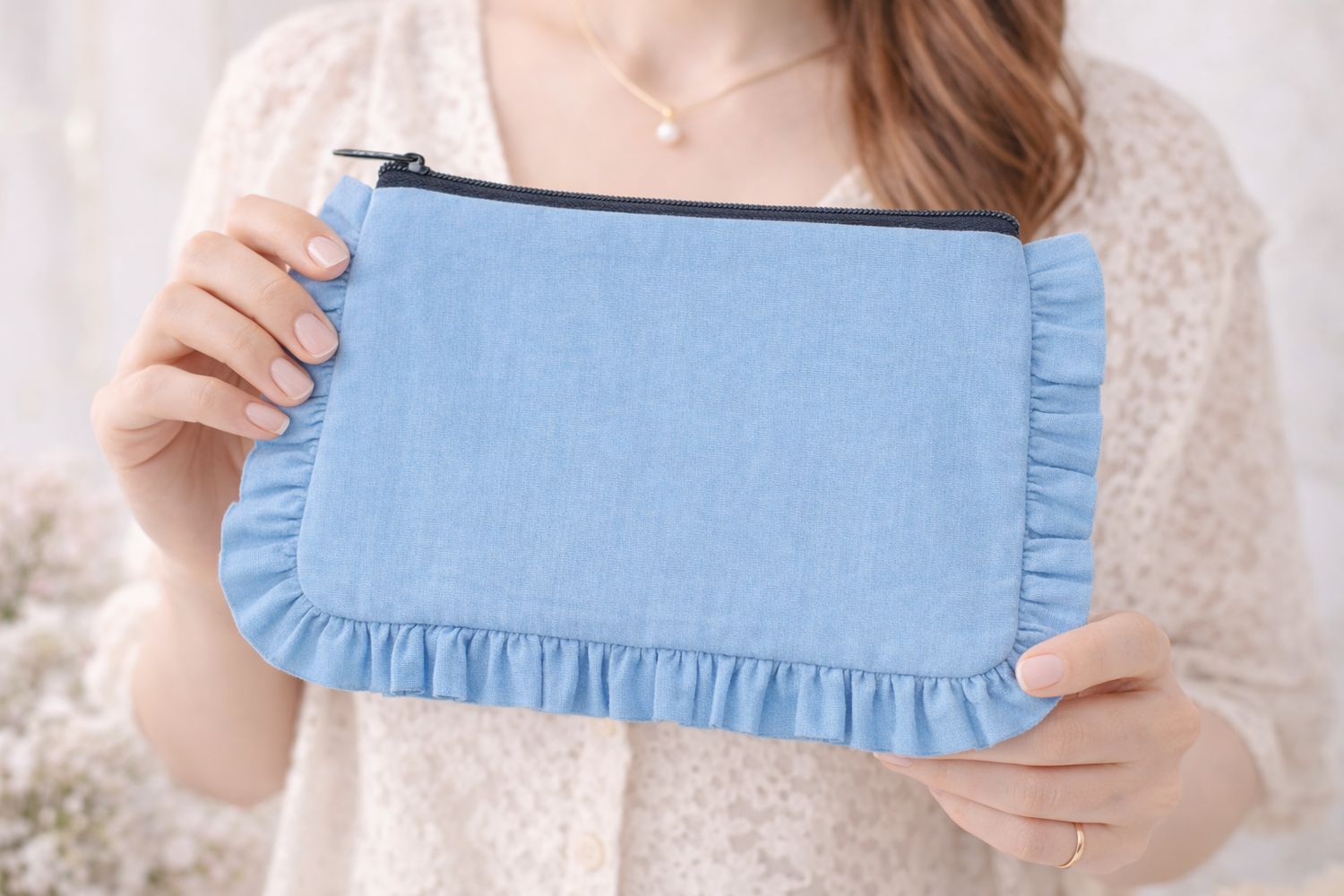 House of Kraft - Canvas Ruffle Pouches | Canvas Travel Pouches | Zipper Pouch: Blue