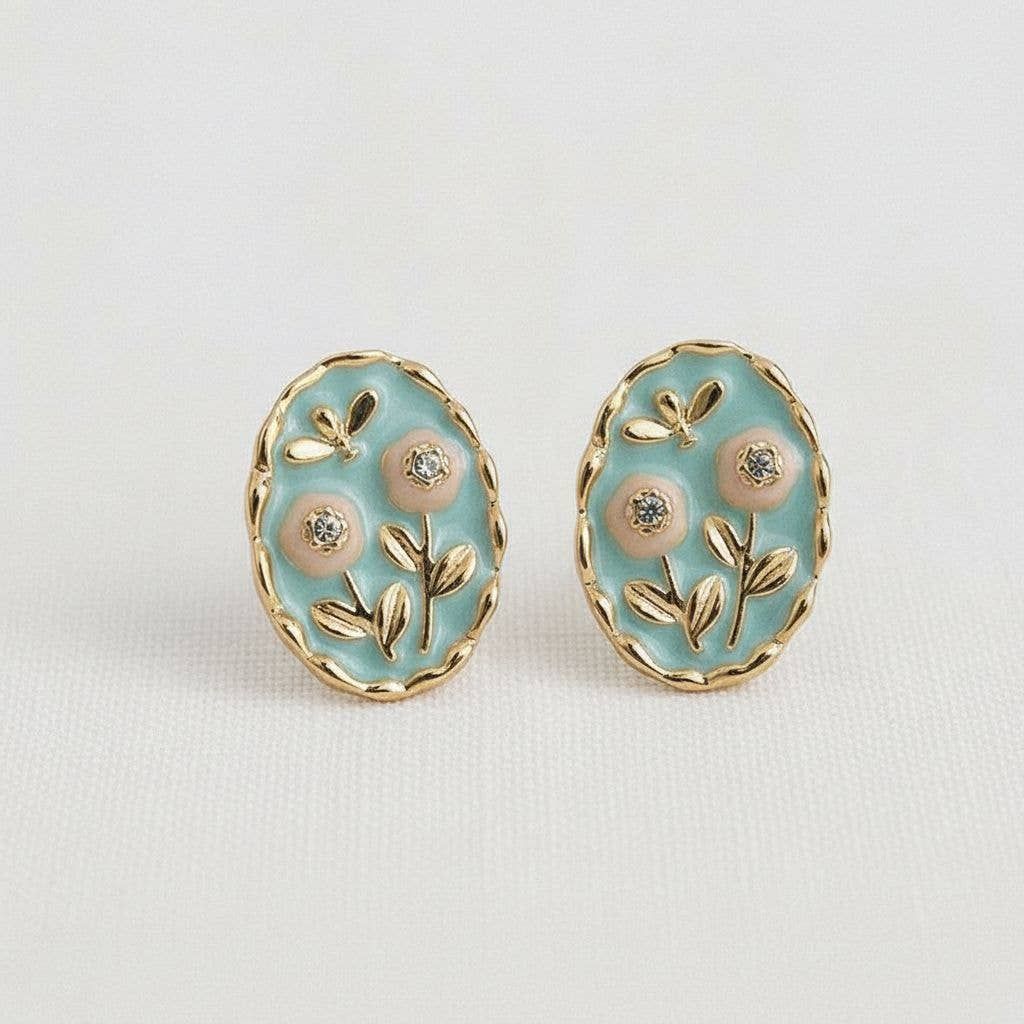 Ellemadera - Floral Enamel Drop Earrings with Vintage Charm