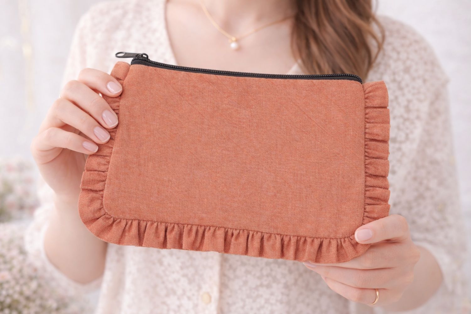 House of Kraft - Canvas Ruffle Pouches | Canvas Travel Pouches | Zipper Pouch: Orange