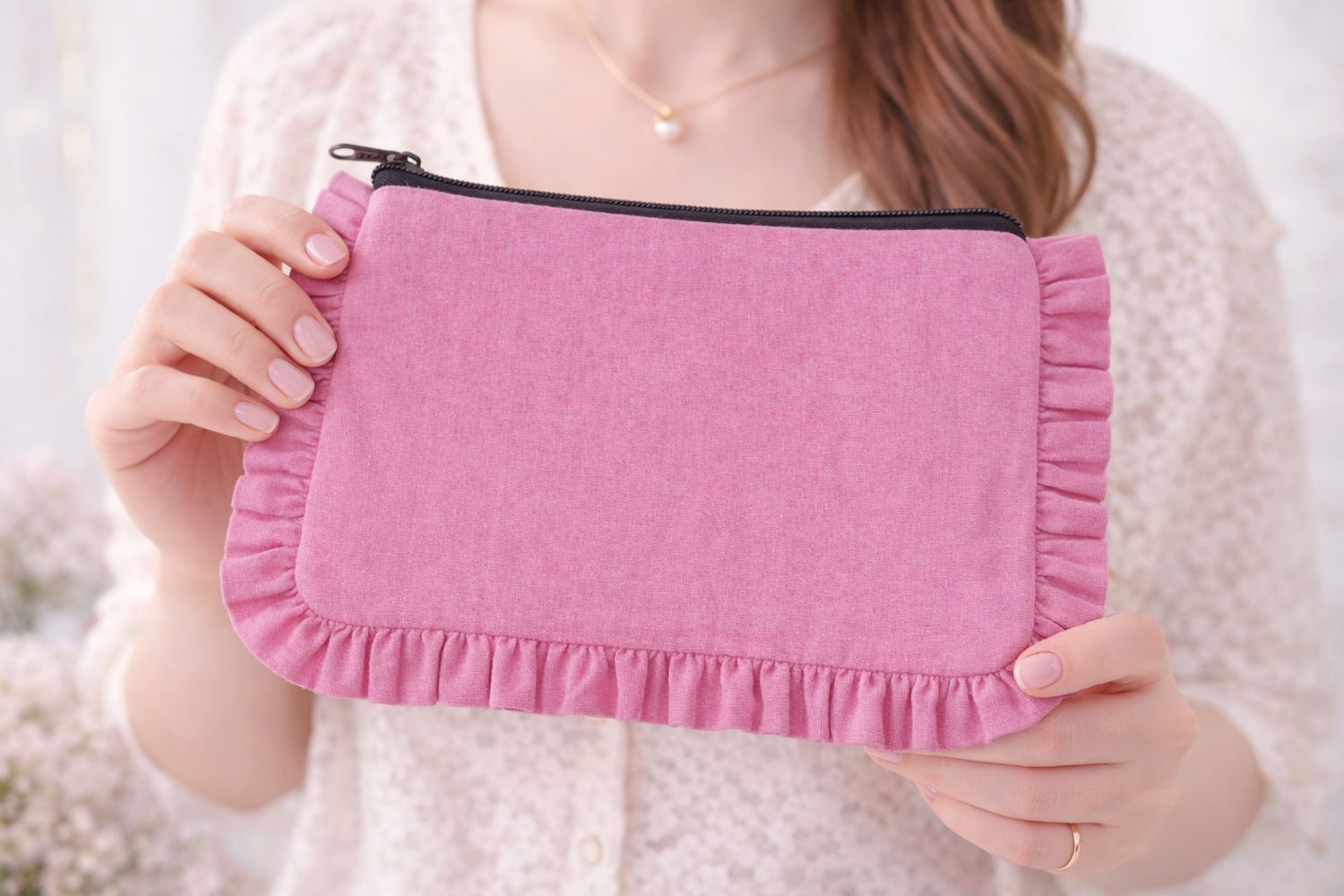 House of Kraft - Canvas Ruffle Pouches | Canvas Travel Pouches | Zipper Pouch: Light Pink