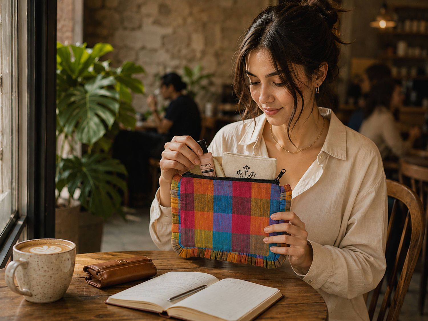 House of Kraft - Assorted Madras Print | Canvas Pouch |  Checked Ruffle Pouch