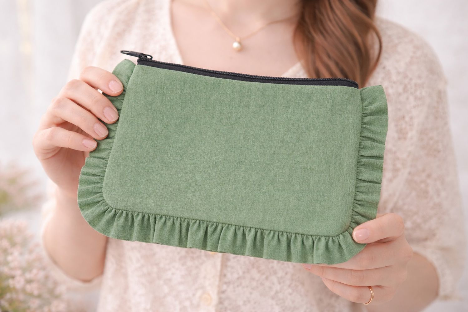 House of Kraft - Canvas Ruffle Pouches | Canvas Travel Pouches | Zipper Pouch: Green