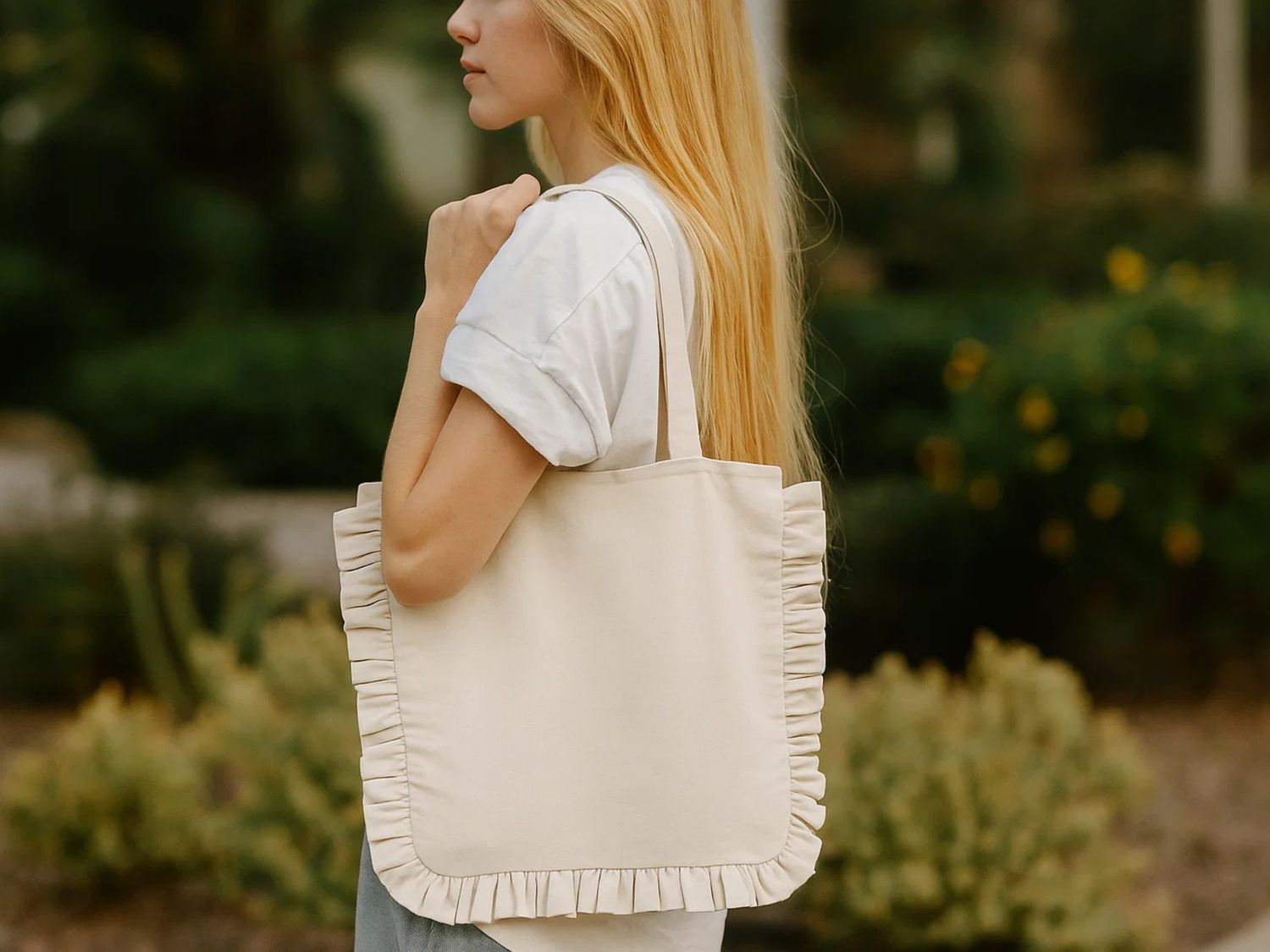 House of Kraft - Canvas Ruffle Tote | Canvas Tote Bag | Unbranded Canvas Tote: 14" x 16"