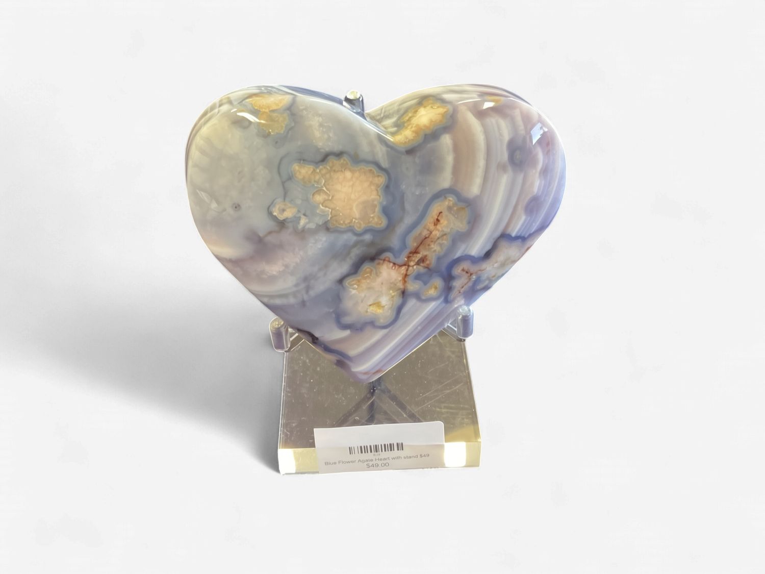 Blue Flower Agate Heart with stand $49