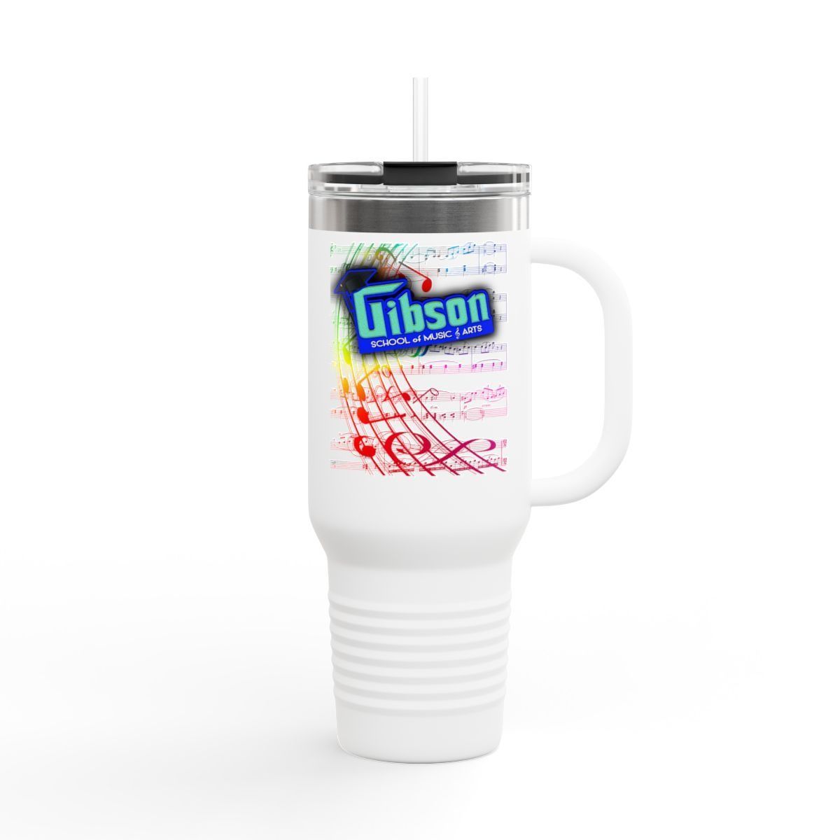 40oz Insulated Travel Mug — Colorful Music Notes Design (Gibson School of Music)