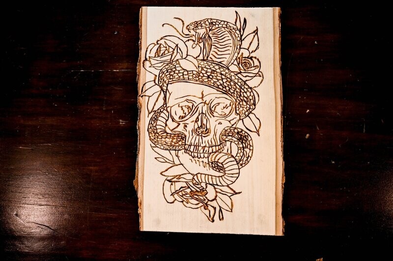 Skull and Cobra Wood Burn Art