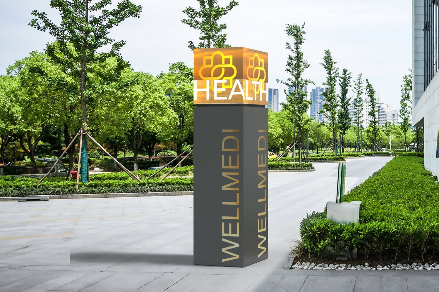 LED-Cube-Towersign mit 500 mm Cube,  H=2150 mm