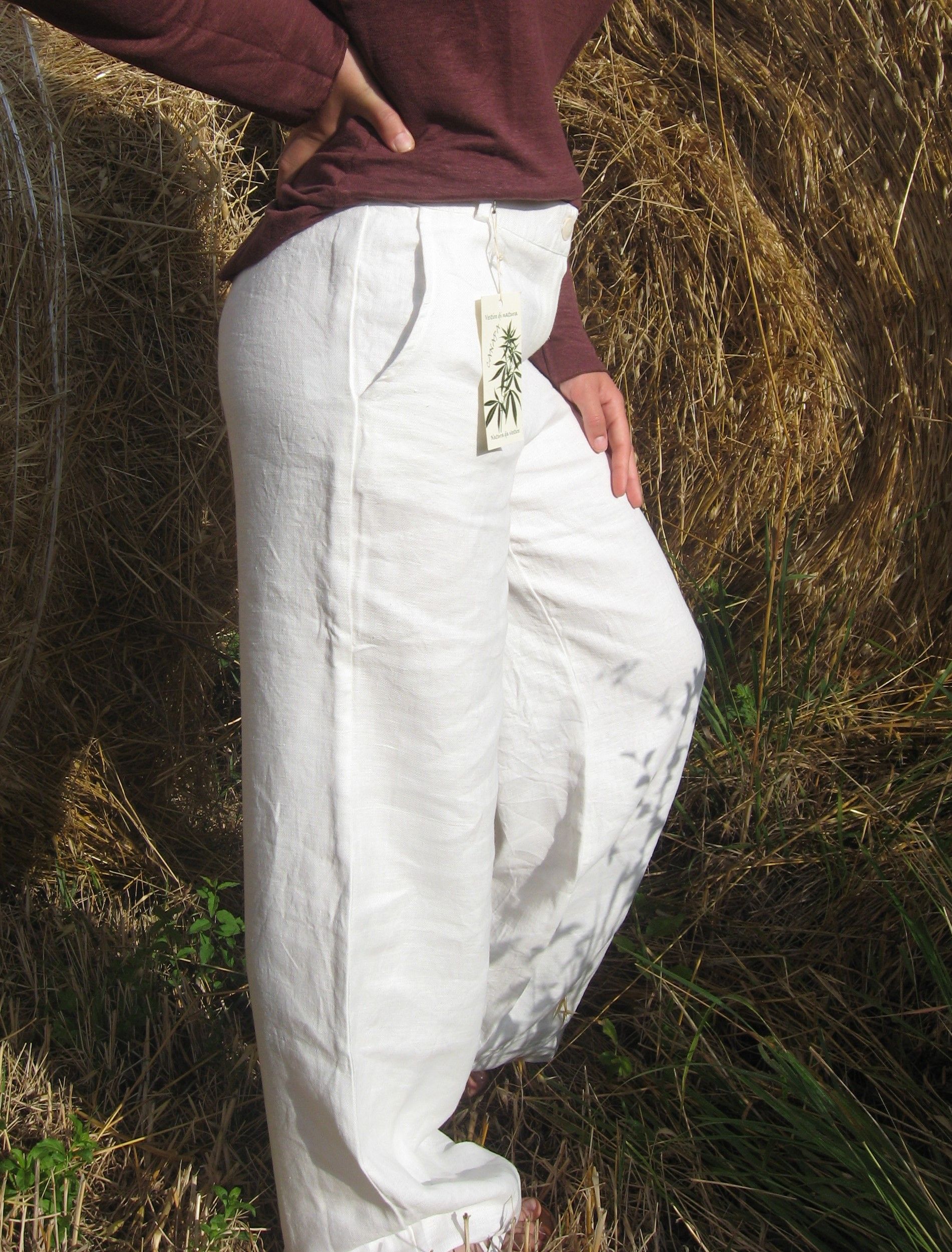 Pantalone vita alta - modello a palazzo - canapa - colore bianco
