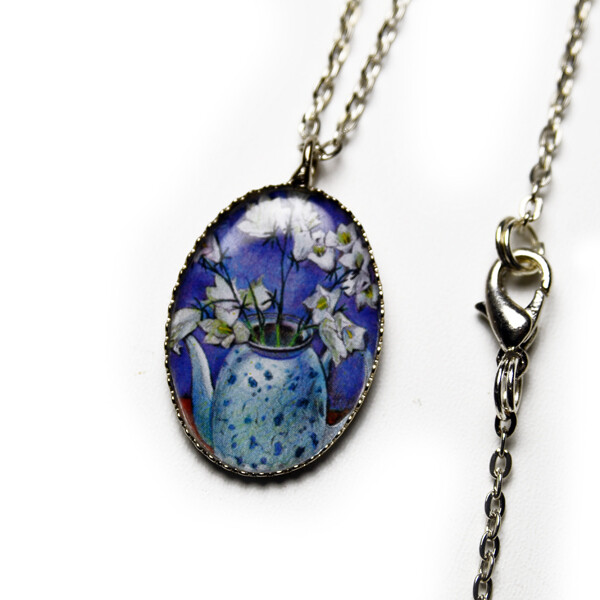 Red chiffon necklace with &quot;Blue Flowers&quot; pendant