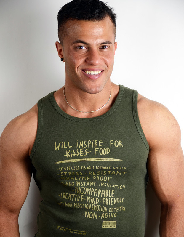 "Will inspire for food" tank shirt Guys, navy/gold