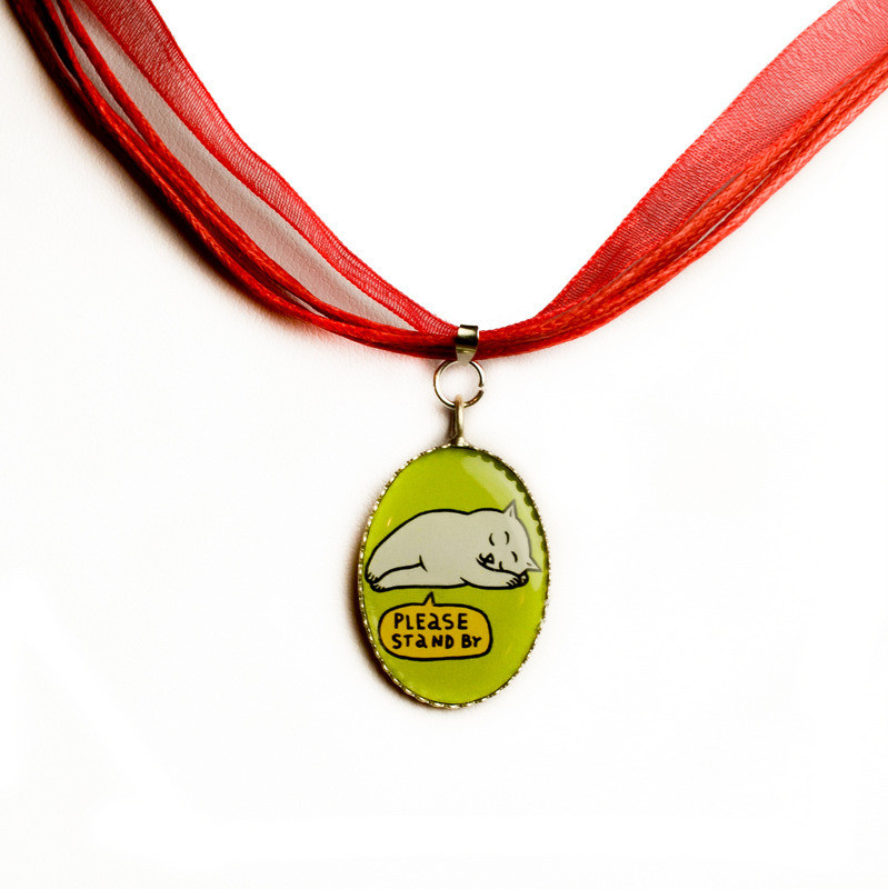 Red chiffon necklace with "Please stand by" pendant Red chiffon necklace with "Please stand by" pendant