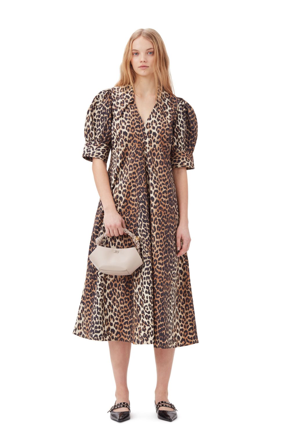 Printed Cotton Poplin V-neck Long Dress GANNI