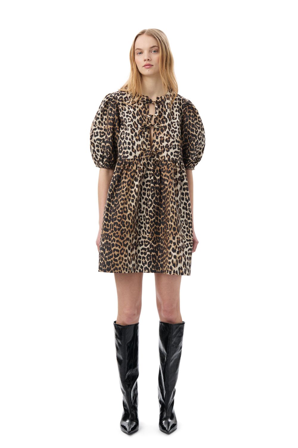 Printed Cotton Tie String Mini Dress GANNI