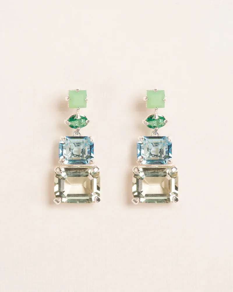 Pendant post earrings with Chrysoprase, Aquamarine, green Emerald and green Amethyst crystals W&amp;H