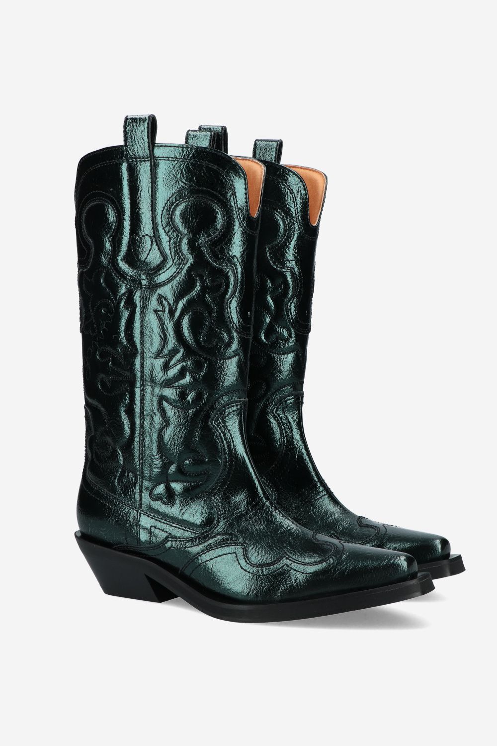 Mid Shaft Embroidered Western Boot Metallic Green GANNI