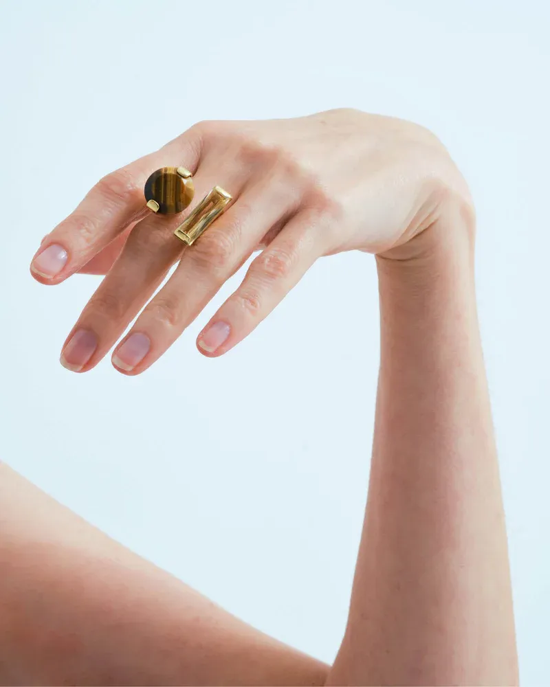 Statement ring with citrine crystal and tiger-eye in gold plated silver W&amp;H